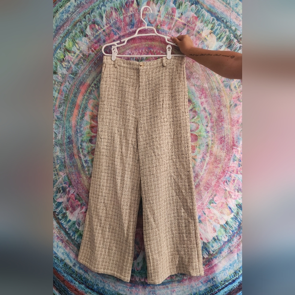 Lulu's Posh Perception Ivory and Black Plaid Tweed Wide Leg Pants